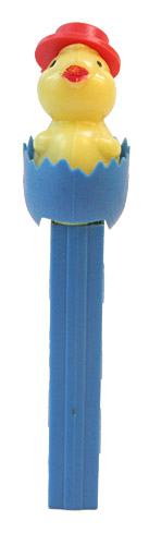 PEZ - Easter - Chick with Hat - Red Hat, Blue Eggshell - C