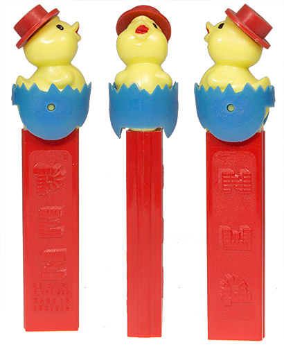 PEZ - Easter - Chick with Hat - Red Hat, Blue Eggshell - C