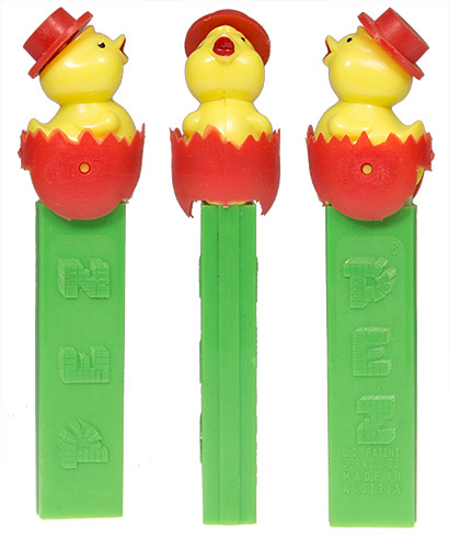 PEZ - Easter - Chick with Hat - Red Hat, Red Eggshell - C