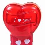 PEZ - I ♥ you!  Italic White on Crystal Red (c) 2008 on White hearts on short red